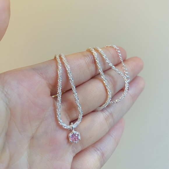 [SOLD] 🩷Pink Zirconic Silver Necklace sterling silver twisted chain - Picture 8 of 10